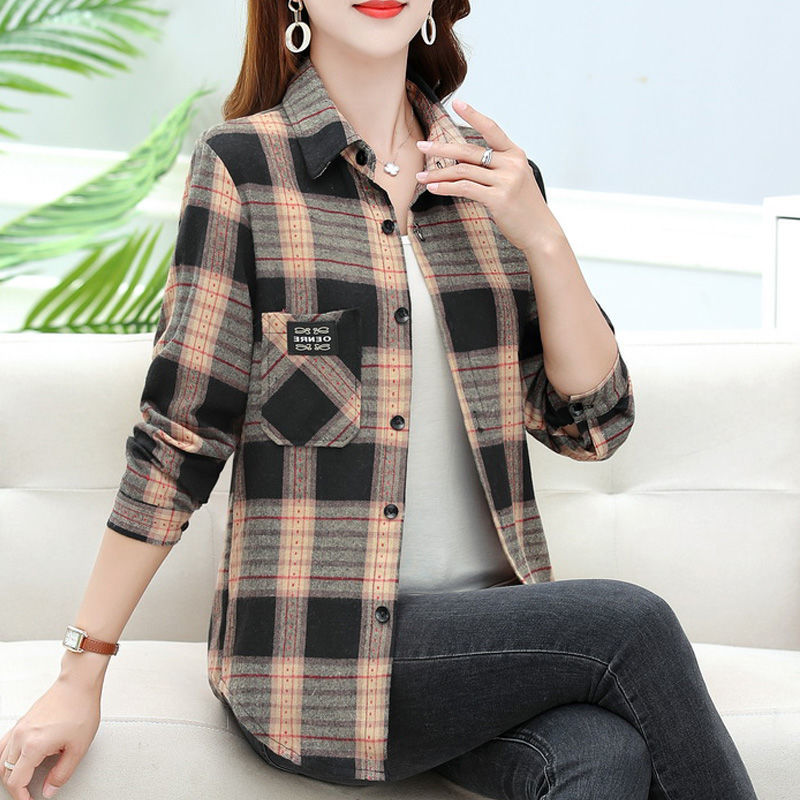 mom‘s shirt large size belly covered slimming younger fashion middle-aged plaid shirt western style all-matching coat