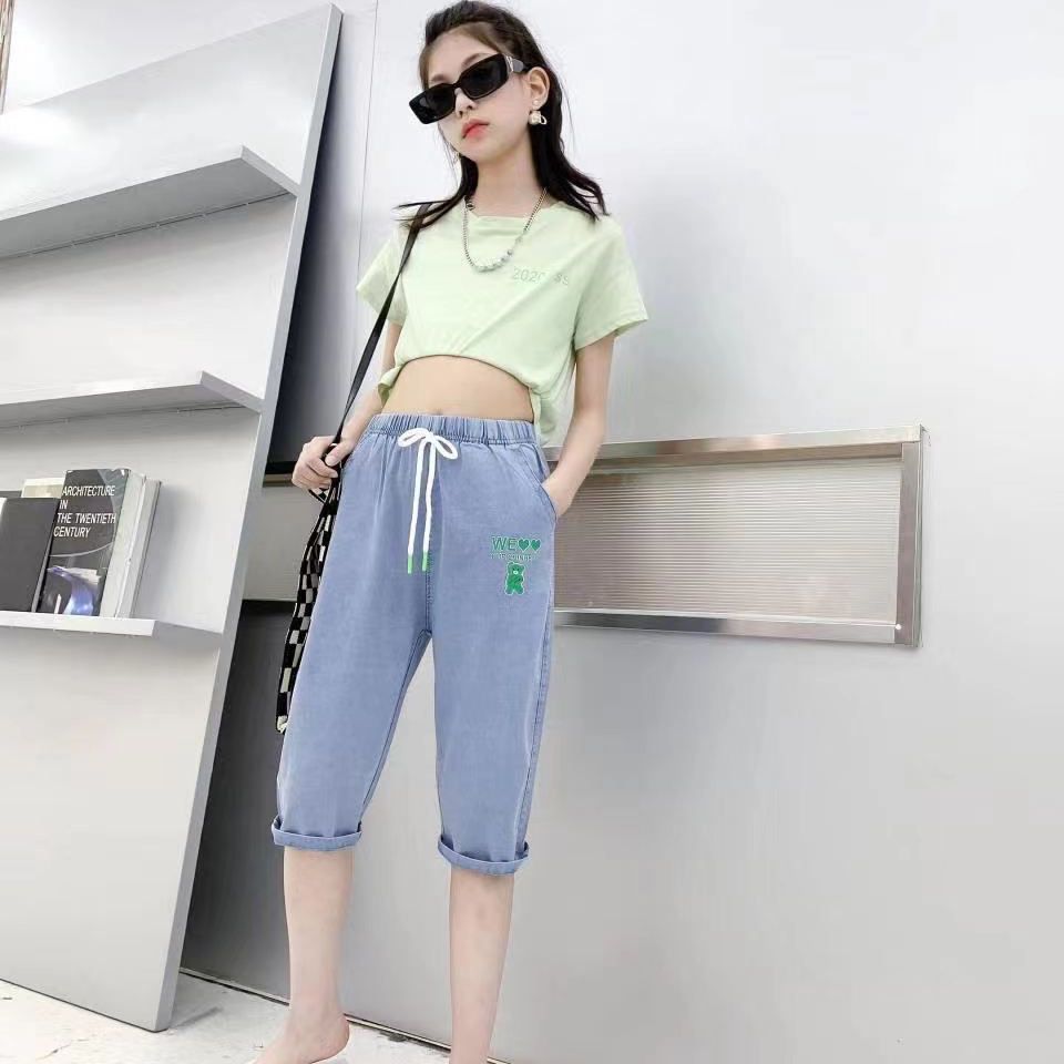 Boys' Denim Cropped Pants Summer Thin Girls' New Medium and rge Children's Shorts Children's Casual Loose Fashion Middle Pants