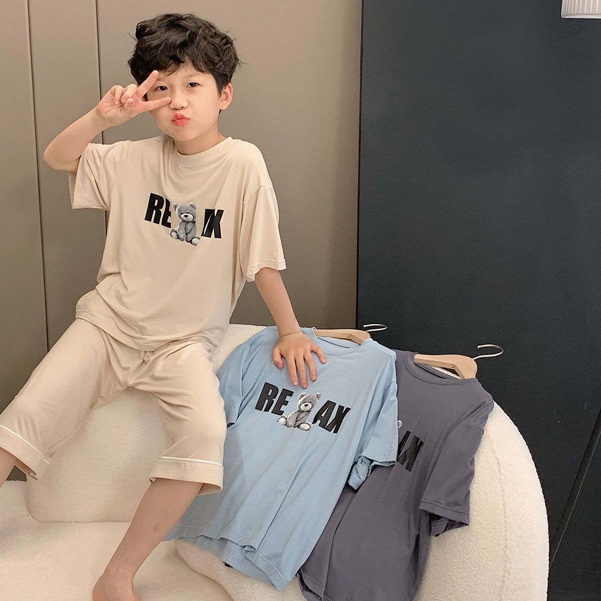 children‘s pajamas 2023 boys‘ pajamas new summer thin medium and big children air conditioning clothes short sve baby home suit