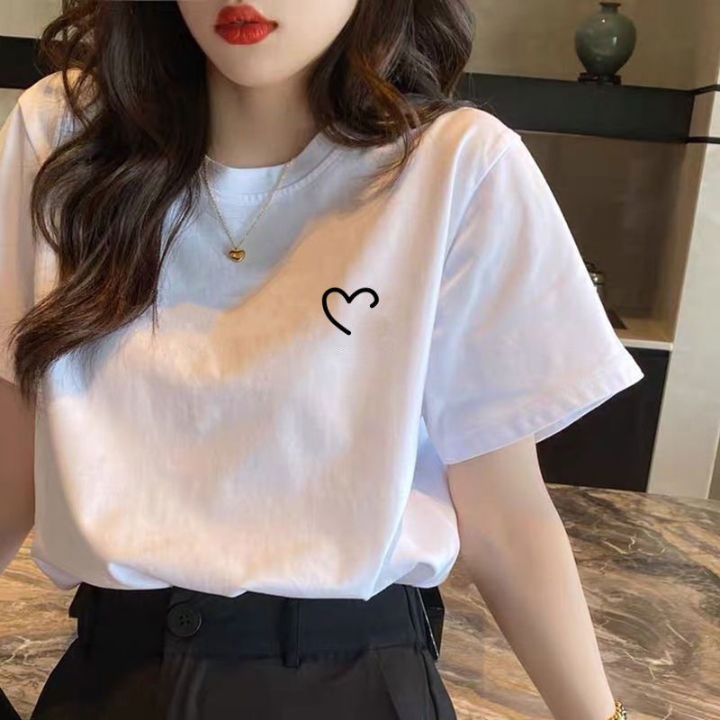 [2 pieces] 100% cotton short-sleeved t-shirt women‘s printed loose korean-style half-sleeved top cotton bottoming shirt versatile