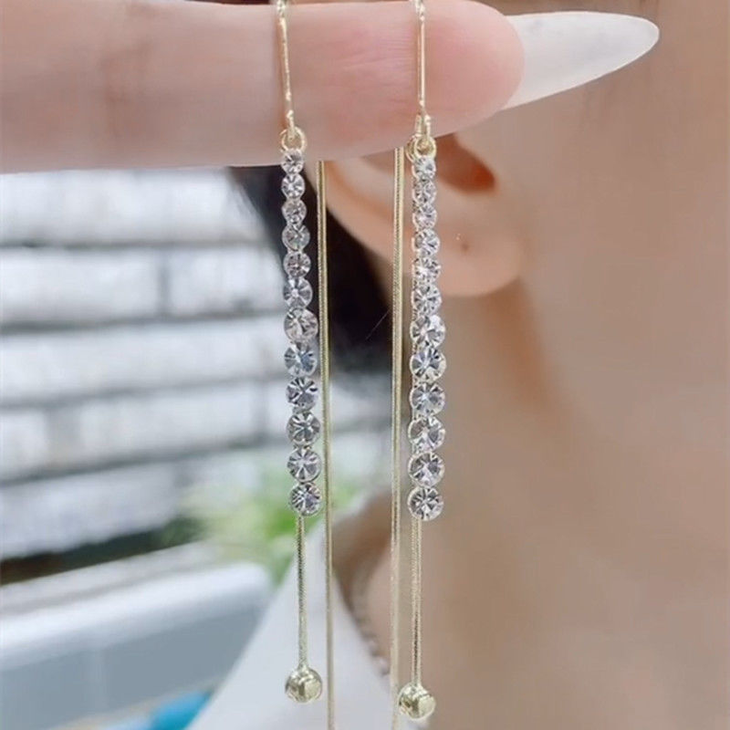 Design Fashion Rhinestone Tassel Hanging Earrings Fairy Temperamental High-Grade Light Luxury Long Earrings to Make round Face Thin-Looked Earrings