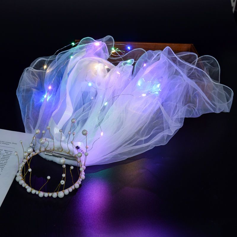 Luminous Internet Celebrity Veil with Light Bridal Crown Double Layer Veil Stall National Day Ribbon Bow Veil Headdress