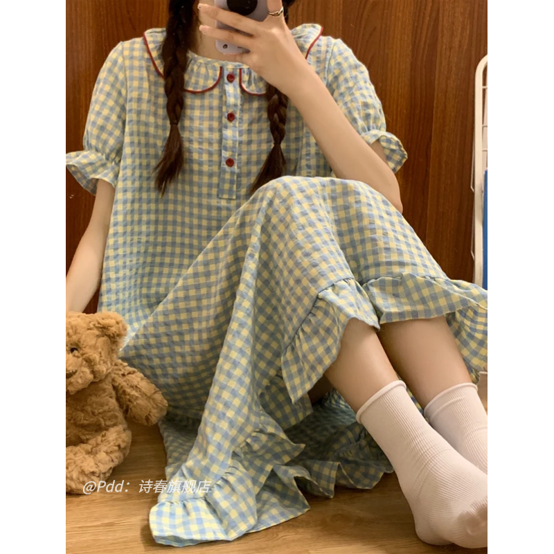 ins summer doll collar mid-length nightdress puff sleeve green plaid pajamas women summer thin homewear women