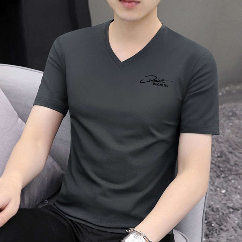 modal cotton ice silk men‘s v-neck t-shirt men‘s korean style solid color t-shirt short sleeve korean style slim-fitting t-shirt all-matching t