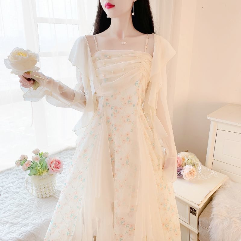 fairy skirt super mori strap lace dress summer design niche retro first love long dress two-piece set