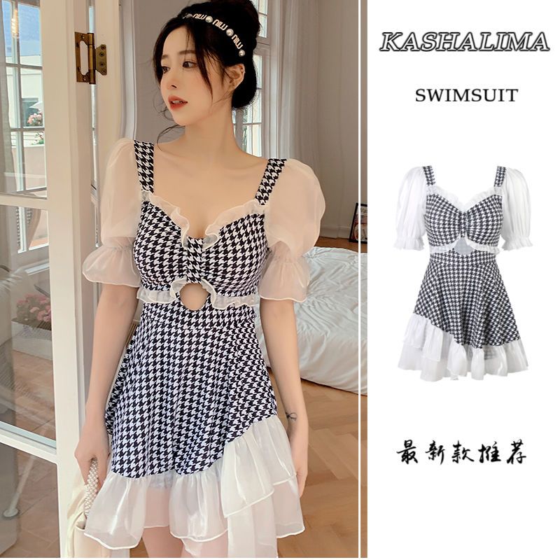 2023 new swimsuit women‘s summer houndstooth hot spring holiday slim looking cover belly conservative pure desire puff sleeve ins swimsuit