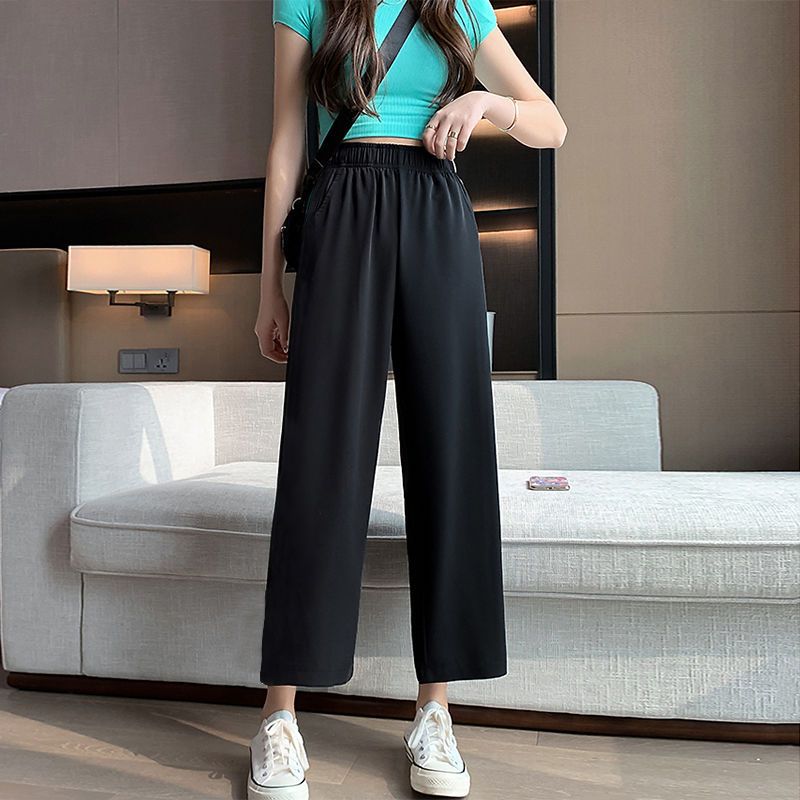 black wide-leg pants women‘s summer thin high waist versatile draping loose slimming casual pants female student cropped pants