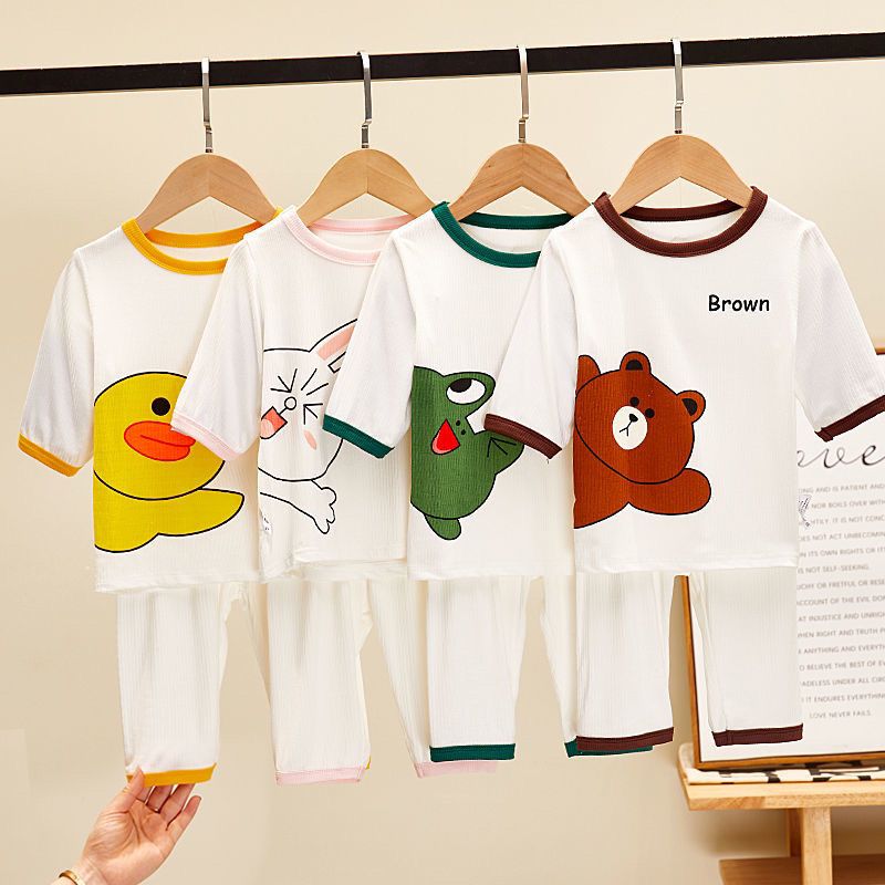 children‘s summer three-quarter sleeve pajamas baby thin air conditioning clothes boys and girls breathable modal homewear suit