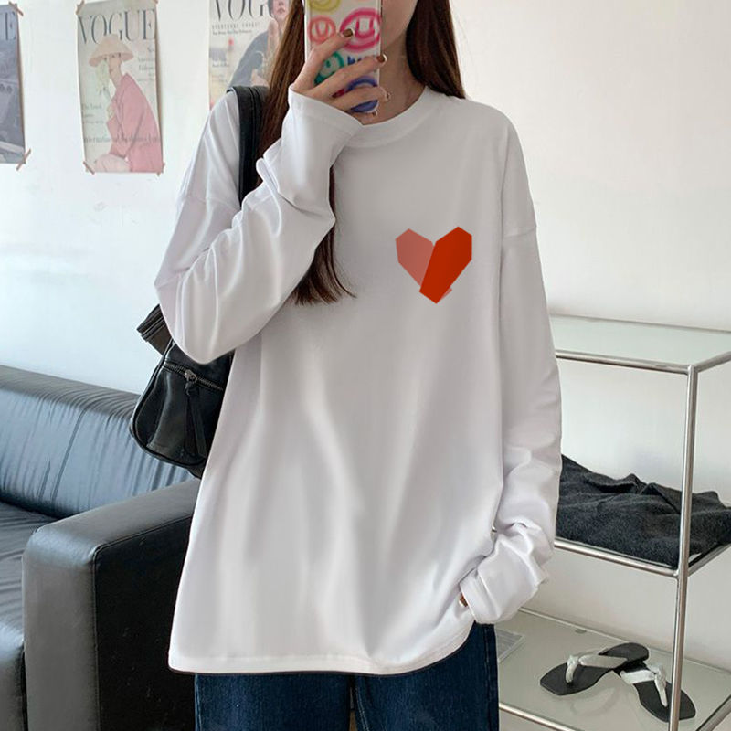 100% Cotton Long-Sleeved T-shirt for Women 2022 Spring and Autumn New Korean Style Loose Large Size Student Top Ins Bottoming Shirt