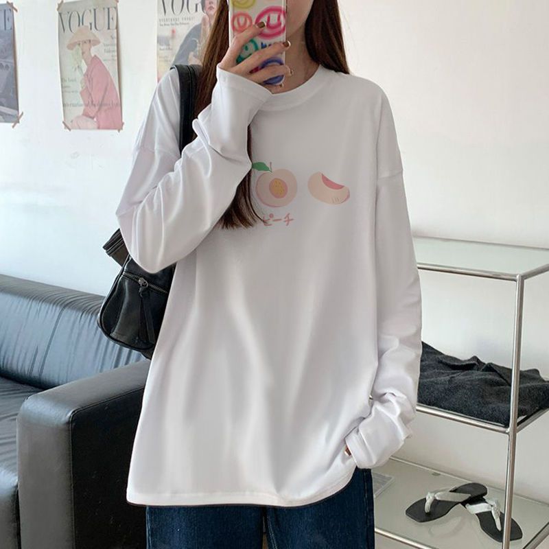 100% Cotton Long-Sleeved T-shirt for Women 2022 Spring and Autumn New Korean Style Loose Large Size Student Top Ins Bottoming Shirt