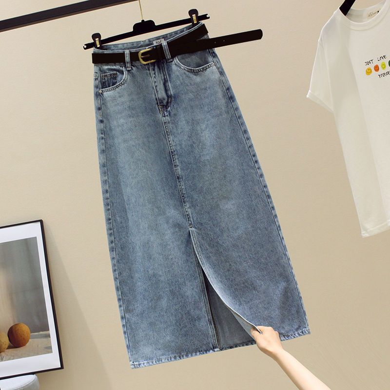 retro high waist denim skirt women‘s summer thin a- line mid-length sheath split skirt hot girl fashion ins