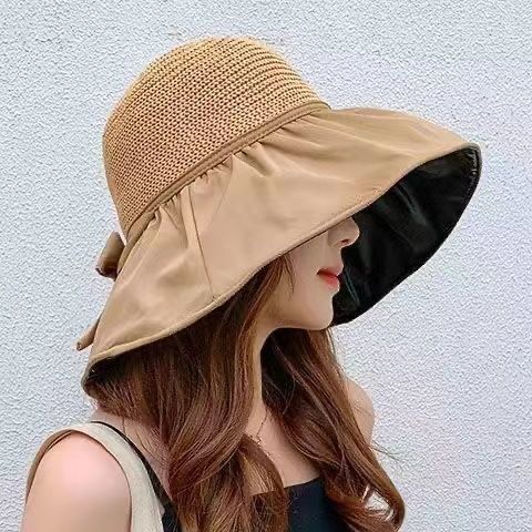 Summer Sun Protection Vinyl Bow Sunhat Women‘s Japanese and Korean Hat UV Protection Big Brim Face-Covering Sun Topless Hat