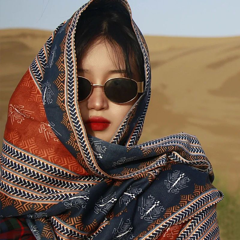 new travel shawl tea and salt lake dual-use desert sun protection artistic ethnic style photo scarf female cotton linen versatile