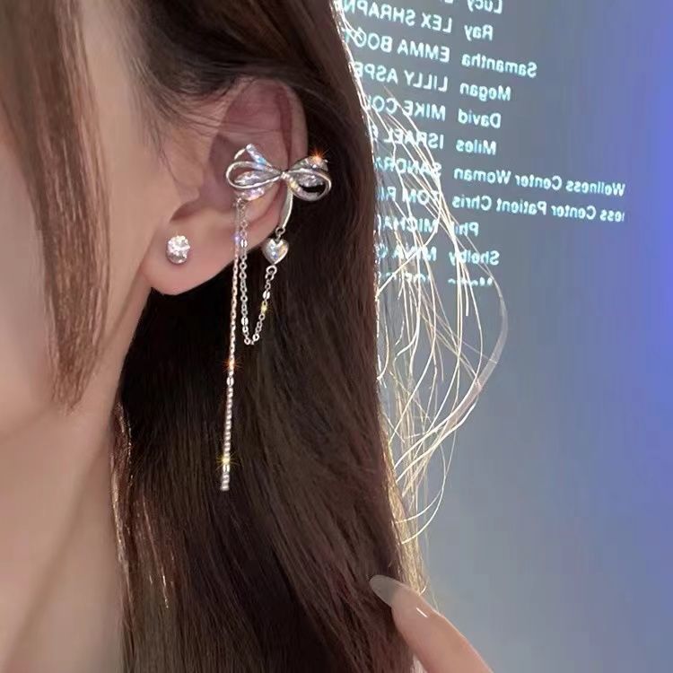 High-Grade Bow Rhinestone Tassel Long Ear Clip Summer Women's Design Love Ear Clip Non-Piercing Earrings Fashion