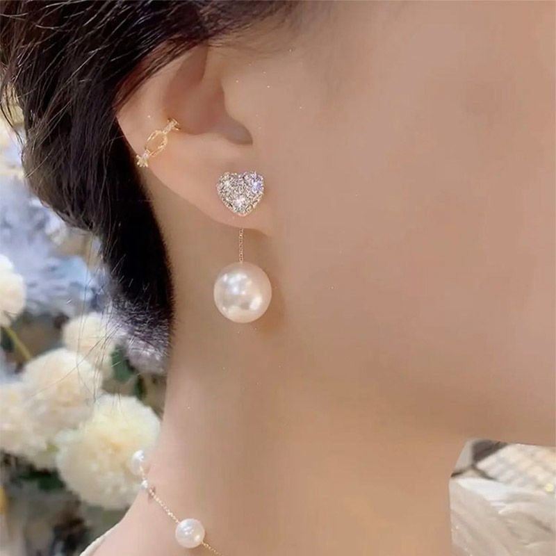 925 Sterling Silver Needle Temperamental Minority Design Diamond-Embedded Love Heart Earrings Women's One Style for Dual-Wear French Style High-Grade Ear Studs