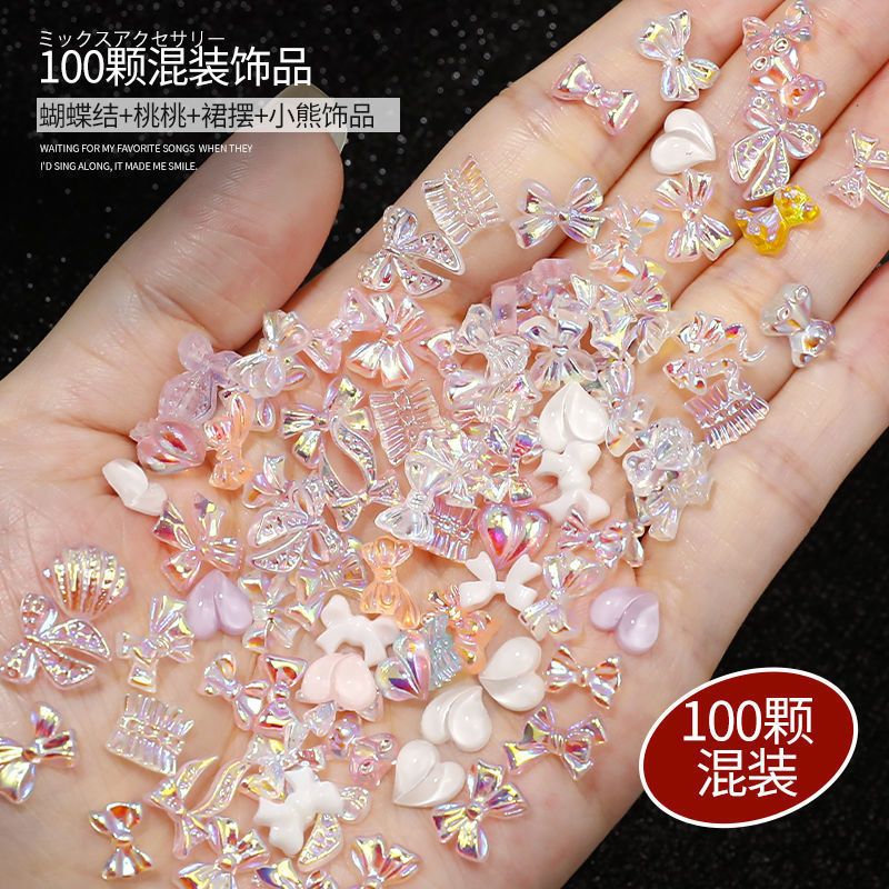 internet hot 100 mixed bow peach bear aurora skirt nail ornament nail accessories ins