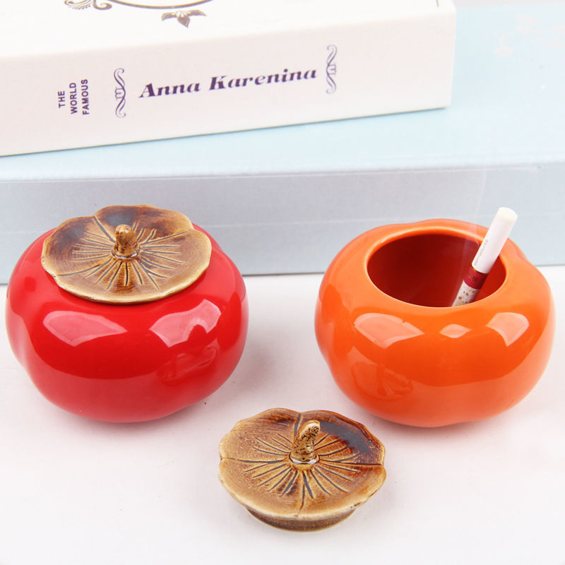 lucky persimmon ceramic ashtray high-end top grade creative hotel household living room coffee table prevent fly ash cylinder with lid