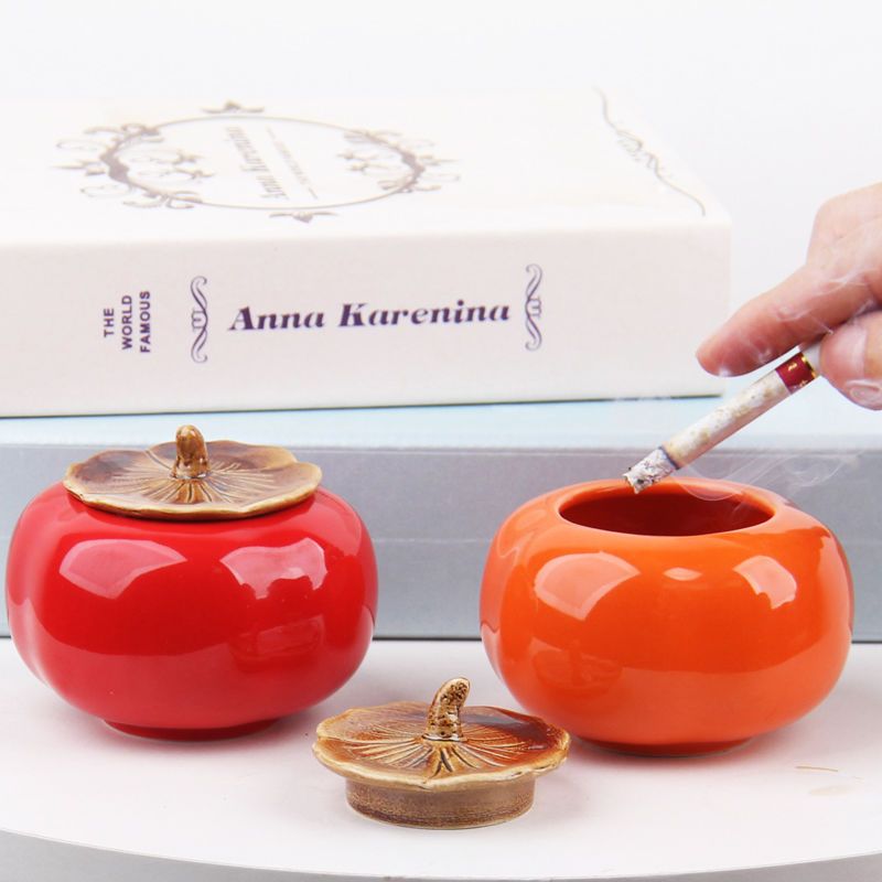 lucky persimmon ceramic ashtray high-end top grade creative hotel household living room coffee table prevent fly ash cylinder with lid