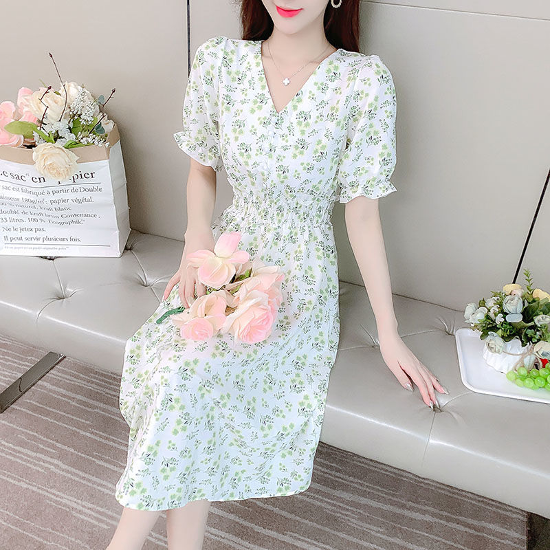 short sleeve chiffon dress women‘s 2022 summer new ins super fairy student v-neck mori style floral fairy dress