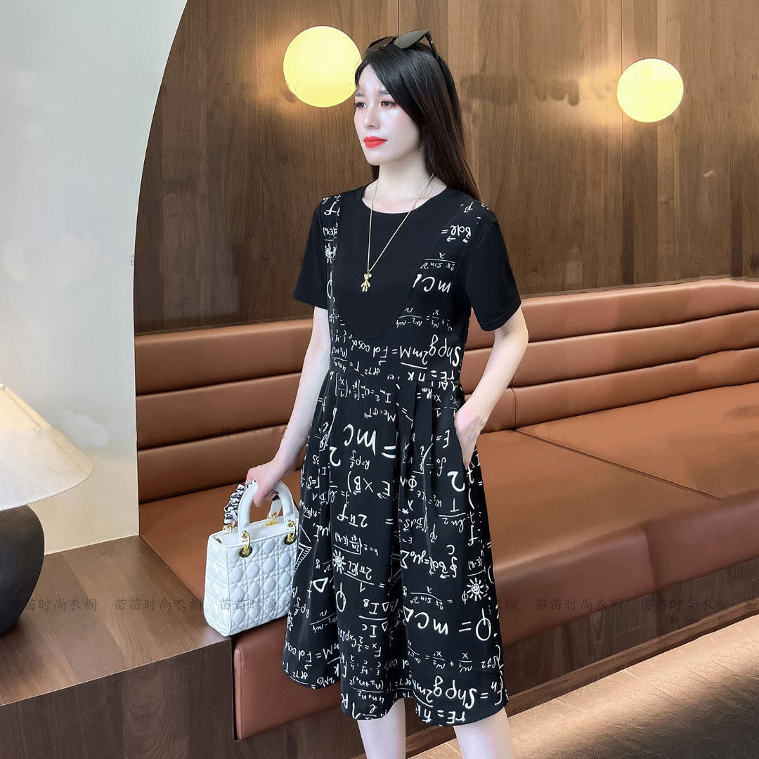 stitching fake two-piece dress for women 2023 summer new fashion short sleeve waist slimming love printed a- line