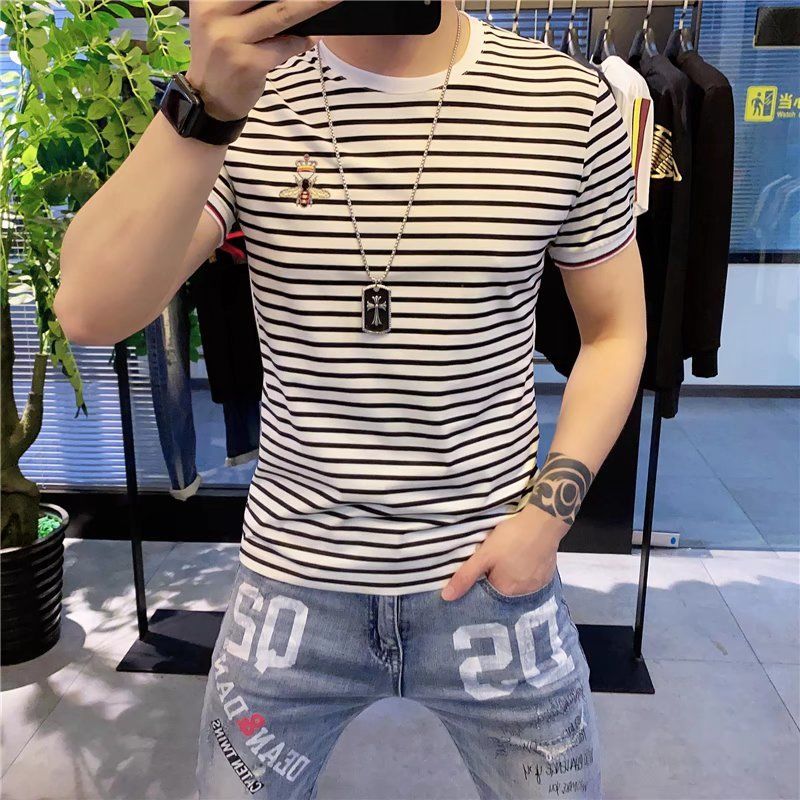 Slim Fit Slimming Stripes Short-Sleeved T-shirt Men's 2022 Summer New Korean Style Versatile Black and White Striped Half Sleeve Shirt
