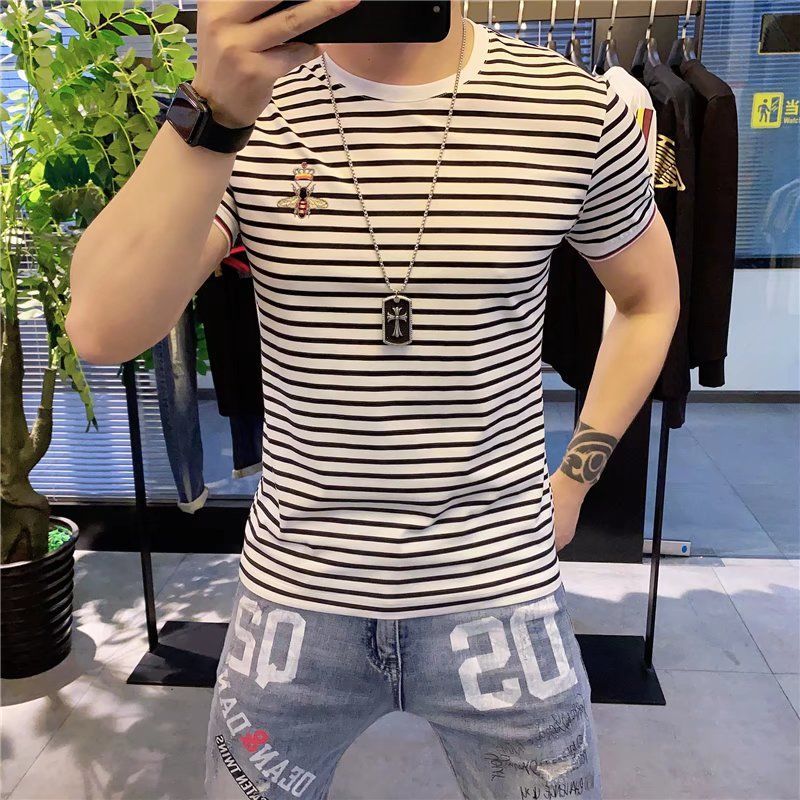 Slim Fit Slimming Stripes Short-Sleeved T-shirt Men's 2022 Summer New Korean Style Versatile Black and White Striped Half Sleeve Shirt