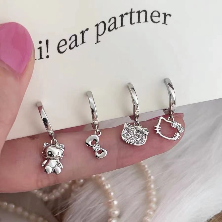 Earrings Niche Design Premium Temperament Entry Lux Cat Bow Zircon Stud Earrings for Women Asymmetric Earrings Summer