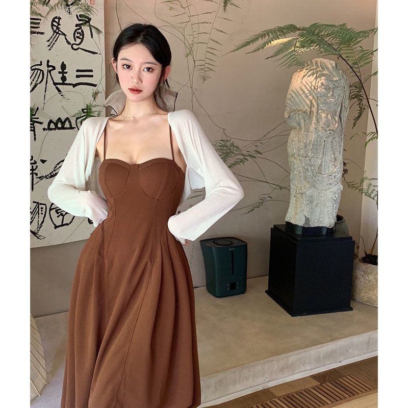 pure desire style suspender dress summer 2022 new hot girl sleeveless waist mid-length dress two-piece set for women