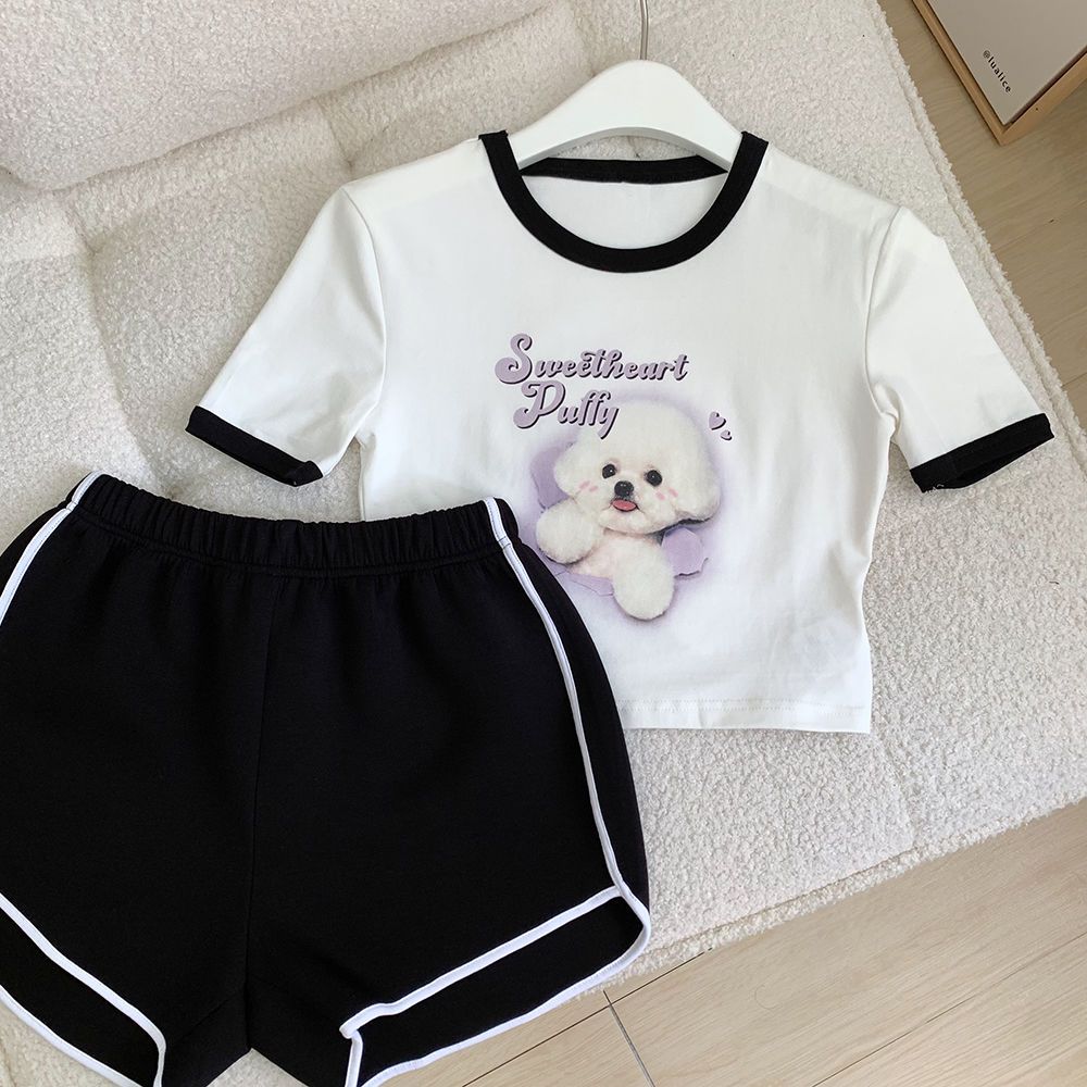 sports style suit women‘s summer cute short t-shirt short sleeve top with casual shorts two-piece set morning jog suits