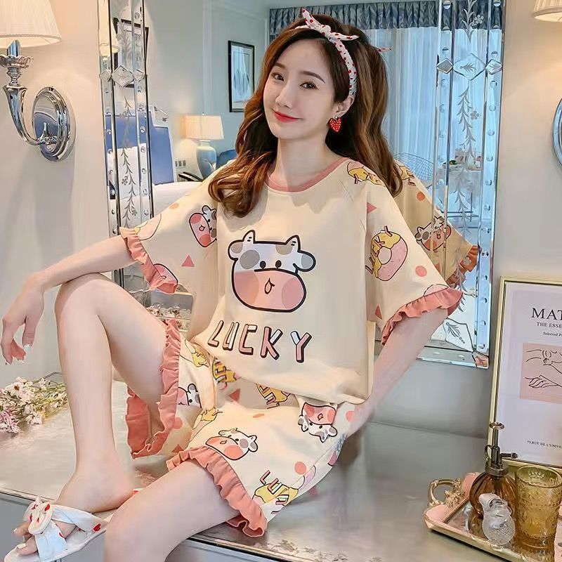 pajamas women‘s summer cartoon short-sleeved shorts suit korean style loose and cute women‘s plus size homewear can be worn outside