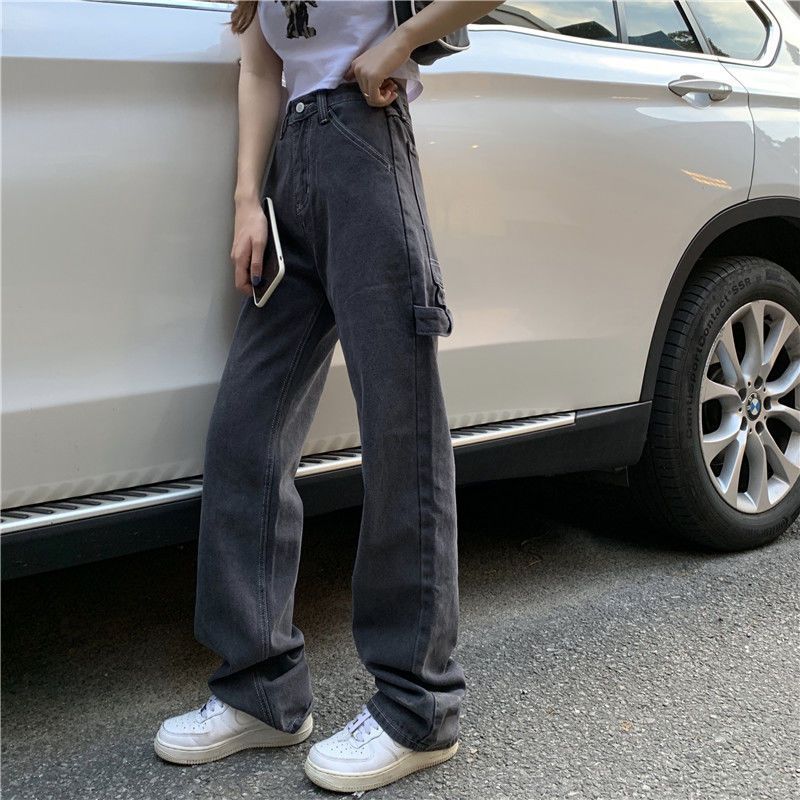 retro yupi girlish style pants vintage girl lazy cool carbon black bright straight jeans women‘s ins fashion