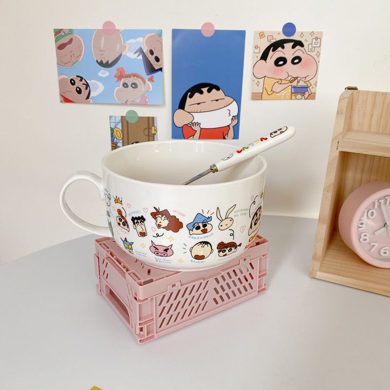 cute illustration with handle instant noodle bowl ceramic ins japanese style cute good-looking student dormitory tableware with lid household