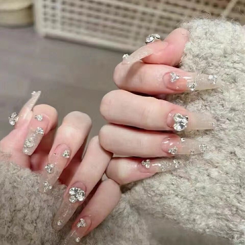 [handmade nail] starry pile rhinestone flashing rhinestone new wedding light luxury handmade nail wear nail finished product