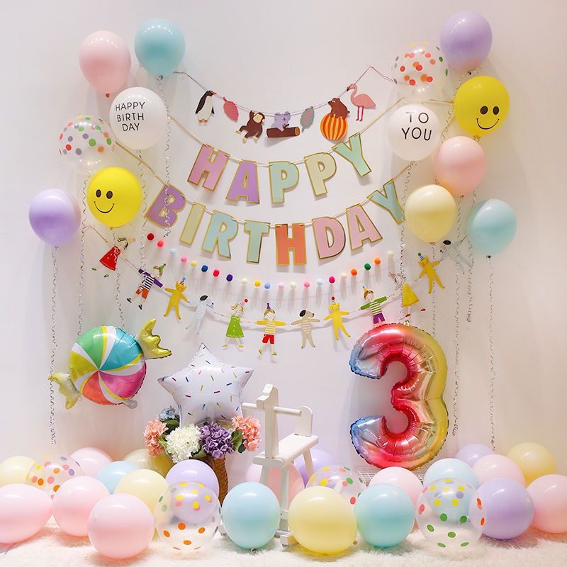 Bow Balloon Birthday Balloon Table Drifting Hanging Flag Background Wall Decoration for Boys and Girls with Lights Scene Layout