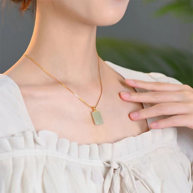 Natural Hetian Jade Lucky Pendant Pendant Necklace Female Clavicle Chain Light Luxury Minority Design Sense Sweater Chain New