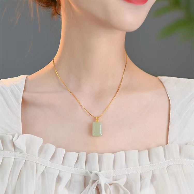 Natural Hetian Jade Lucky Pendant Pendant Necklace Female Clavicle Chain Light Luxury Minority Design Sense Sweater Chain New