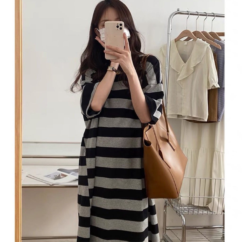 summer half sleeve over-the-knee lazy casual t-shirt long dress loose slimming belly-covered vintage stripe women‘s ins fashion dress