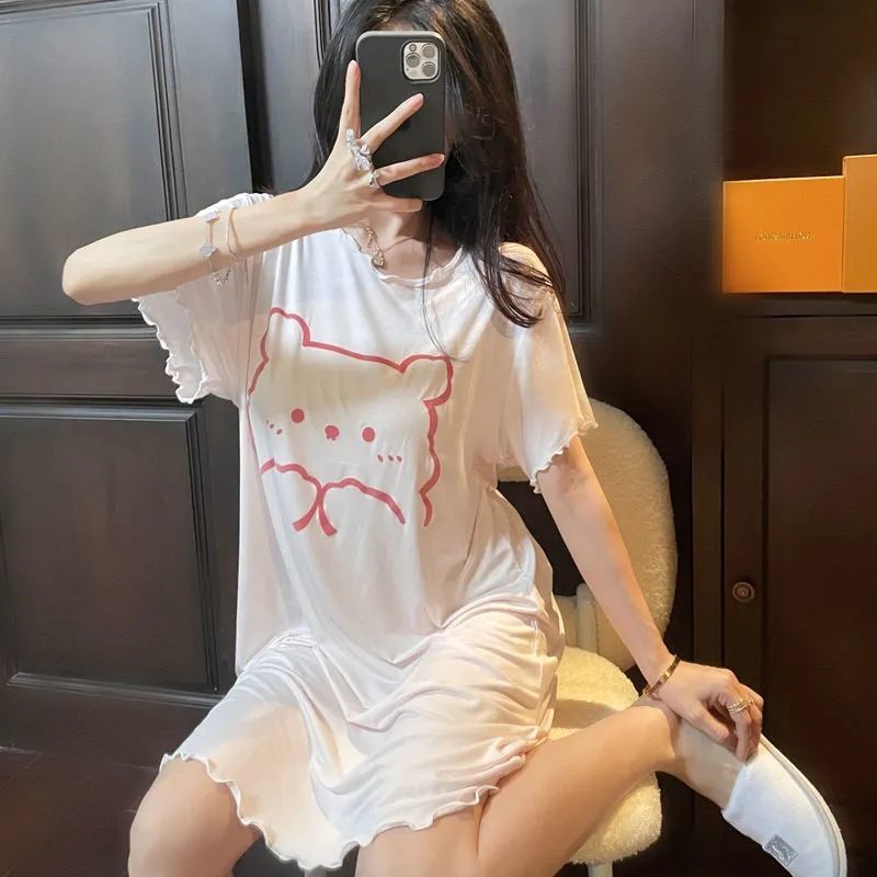 pajamas women‘s summer japanese cartoon bear soft and thin loose short sleeve small sweet plus size nightdress