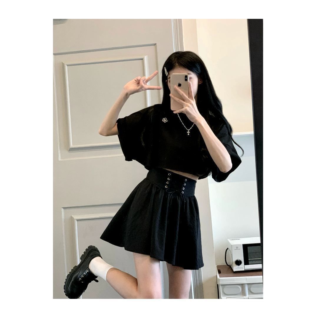 matsumoto funeral waist 2.0 design sense patchwork waist-slimming drawstring skirt + black t elastic bandage culottes suit