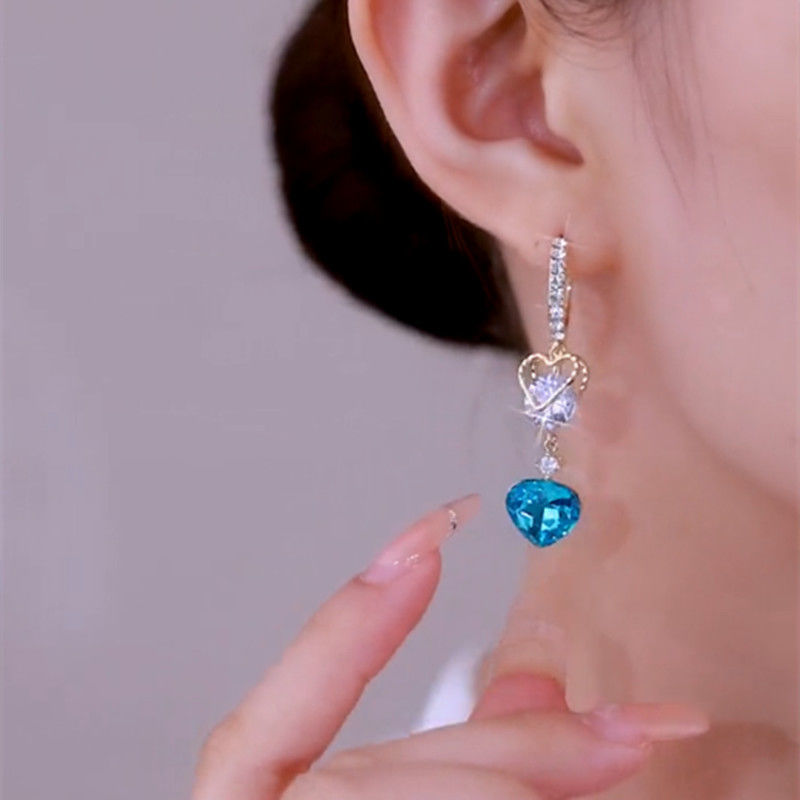 High-Grade Blue Crystal Heart Tassel Ear Clip Female Niche Temperament Exquisite Fashion Small Fresh Online Influencer Earrings Trendy