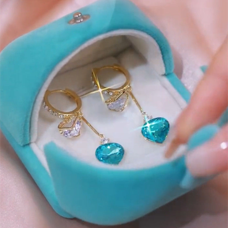 High-Grade Blue Crystal Heart Tassel Ear Clip Female Niche Temperament Exquisite Fashion Small Fresh Online Influencer Earrings Trendy