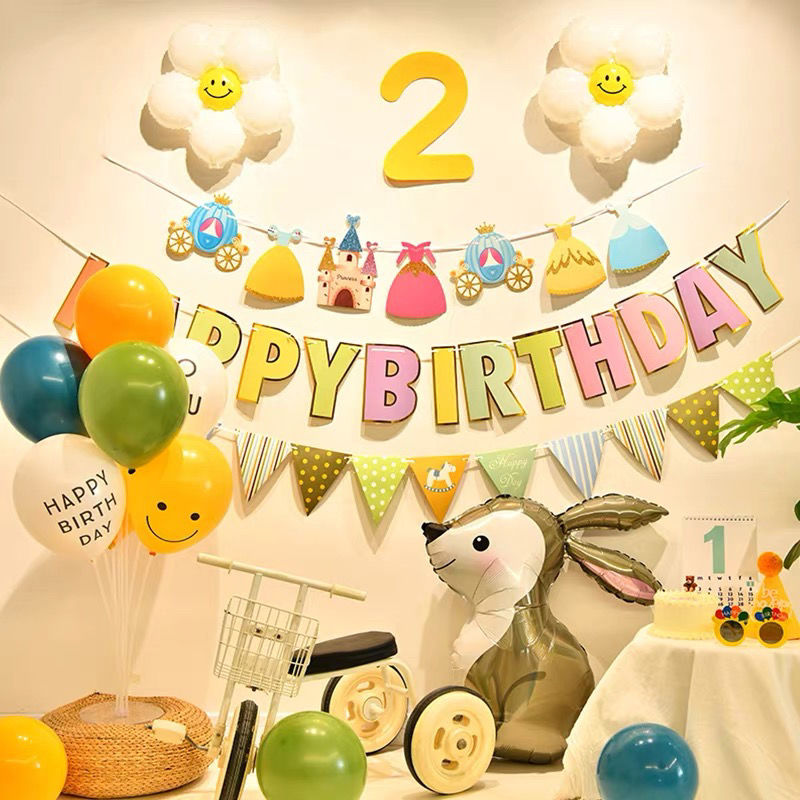 Bow Balloon Birthday Balloon Table Drifting Hanging Flag Background Wall Decoration for Boys and Girls with Lights Scene Layout