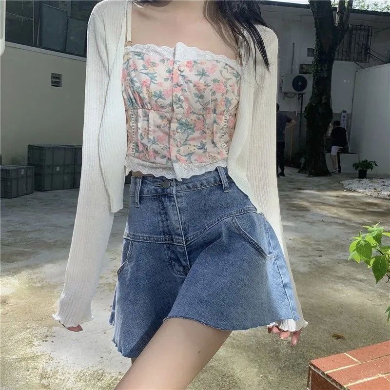 2023 New Harajuku Sun Protection Cardigan Short Summer Inverness Women's Sweet All-Matching Casual Solid Color Top Fashion