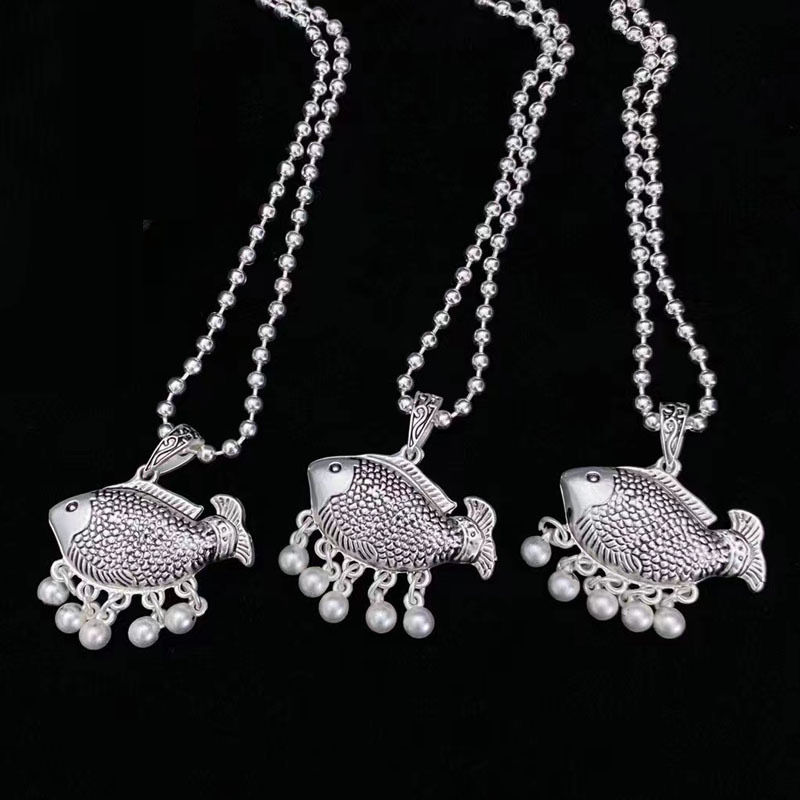 2022 New Retro Ethnic Style Necklace Imitation Silver Sweater Chain Clothing Cat Lotus Long Necklace Miao Silver Jewelry