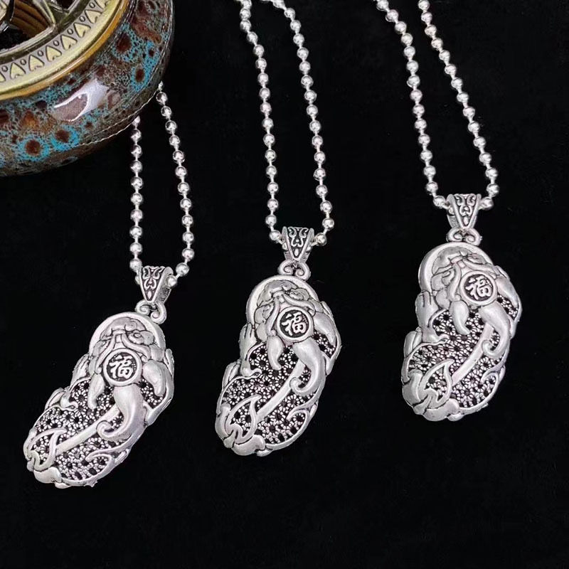 2022 New Retro Ethnic Style Necklace Imitation Silver Sweater Chain Clothing Cat Lotus Long Necklace Miao Silver Jewelry