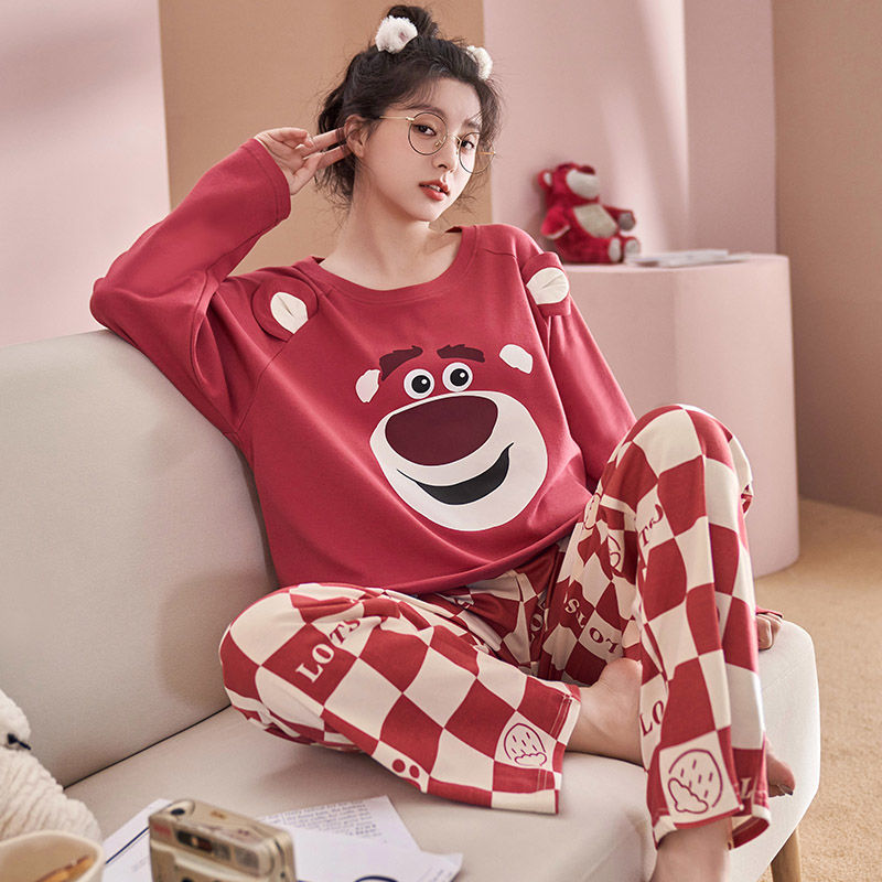 100% Cotton Pajamas Women's Spring and Autumn Long Sleeve Cartoon Korean Loose Summer and Winter Can Be Worn outside Ladies Home Leisure Suit