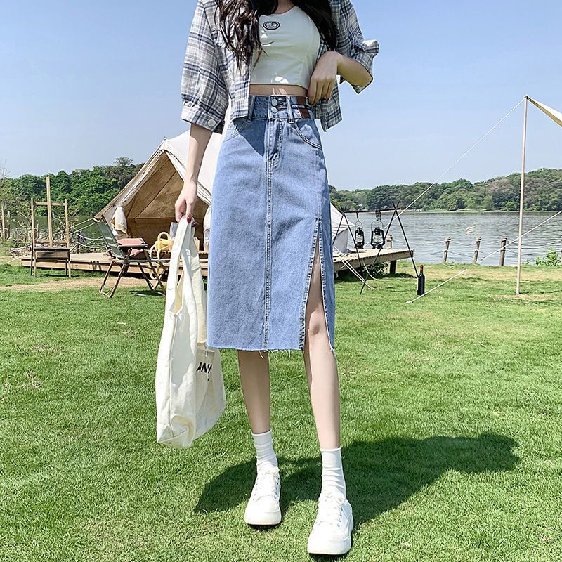 new side slit denim skirt women‘s high waist slimming all-matching a- line skirt small mid-length hip skirt