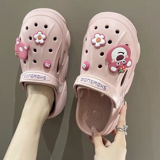 cartoon cute strawberry bear platform coros shoes women‘s summer outer wear closed toe non-slip net red stylish beach casual slippers