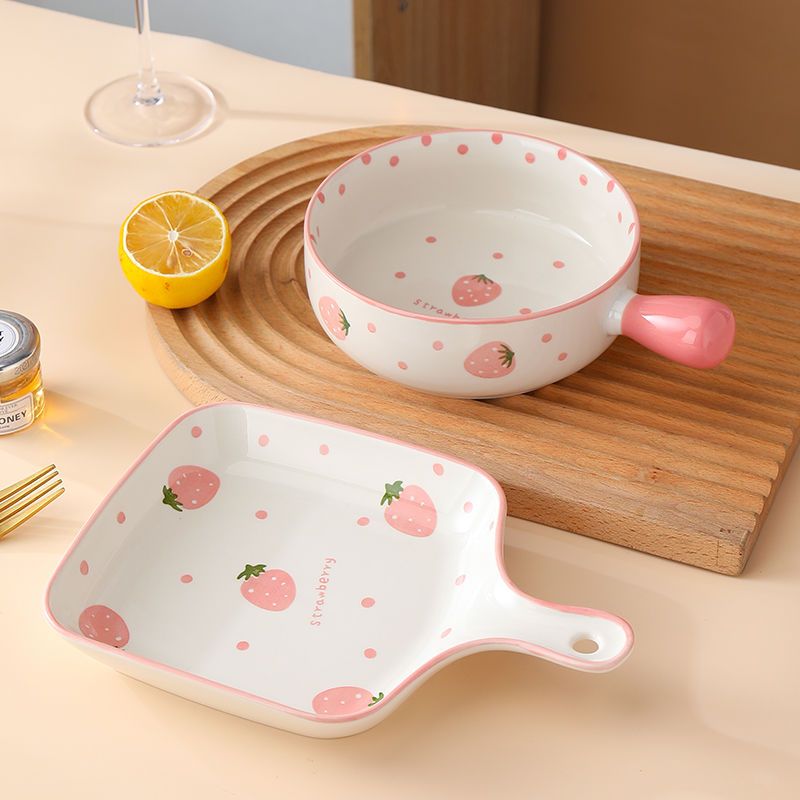 ceramic two-piece set internet celebrity （handle bowl + handle plate） high temperature resistant underglaze pink strawberry suit