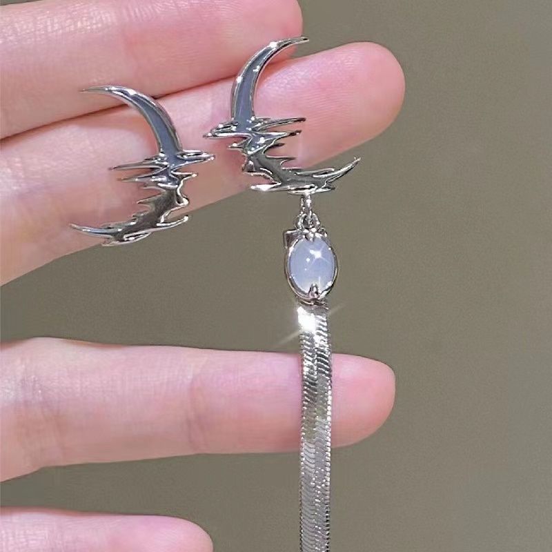 s925 silver needle niche design crescent-shaped asymmetric tassel earrings moon water ripple moonstone tassel stud earrings